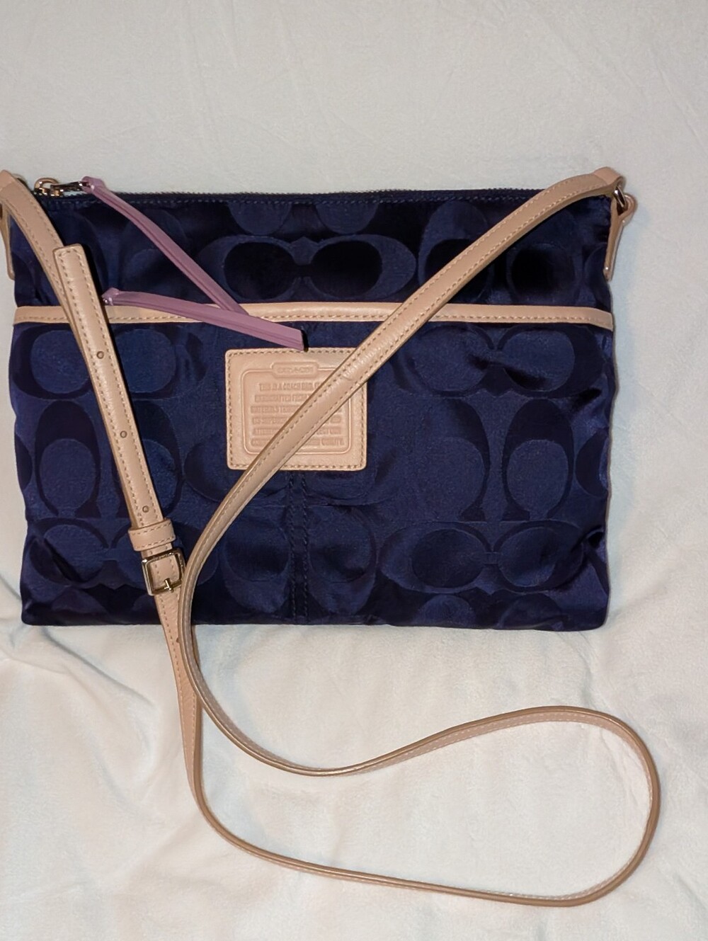 Coach Weekend Hippie Signature Nylon Crossbody Shoulder Bag Deep Navy Tan NWOT